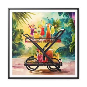 Canvas muurkunst, tropische barwagen drankjes, vierkant ingelijst decor, leuk feest huisdecoratie, kleurrijke cocktailsprint