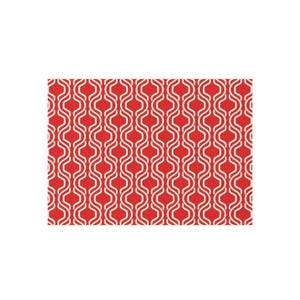 Könnte beinhalten: Ein sich wiederholendes Muster aus weißen, geschwungenen Linien auf rotem Hintergrund. Das Design zeigt eine Reihe von miteinander verbundenen, länglichen Ovalen, die eine Retro- und geometrische Ästhetik erzeugen. Das Muster ist symmetrisch und bedeckt die gesamte Oberfläche.