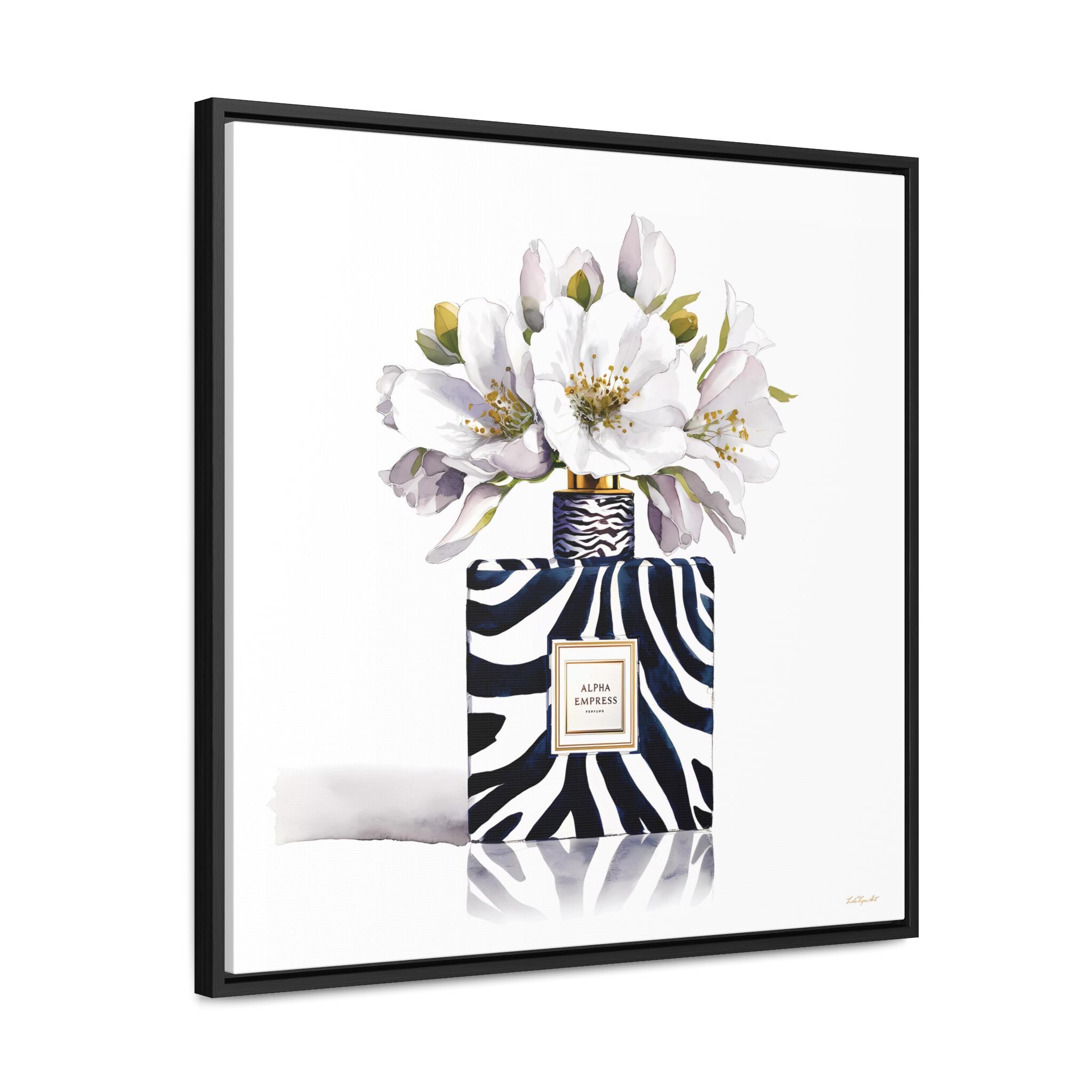 Framed Canvas Wall Art - Watercolor Zebra Perfume Bottle 'ALPHA