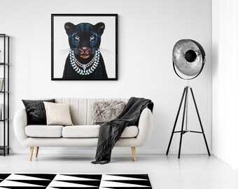 Black Panther with Diamonds Framed Canvas Wall Art
