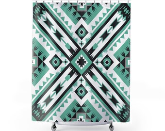 Bohemian Shower Curtain: Teal Tribal Geometric Pattern Bathroom Decor