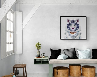 White Tiger in Diamonds Framed Canvas Art: Animal Wall Decor
