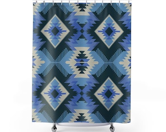 Geometrischer Duschvorhang: Boho Blau Badezimmer Dekor