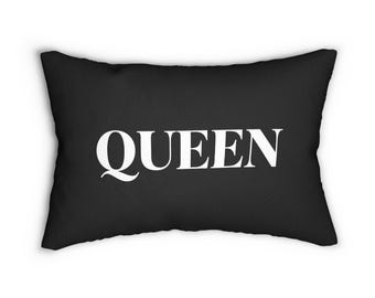 Cojín lumbar con la inscripción QUEEN, cojín decorativo tipográfico negro / decoración para el hogar con temática de realeza