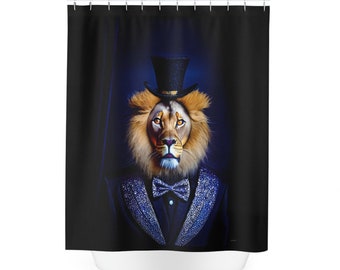 May include: A lion wearing a black top hat and a blue tuxedo with a sparkly silver bow tie. The lion is against a dark blue background.