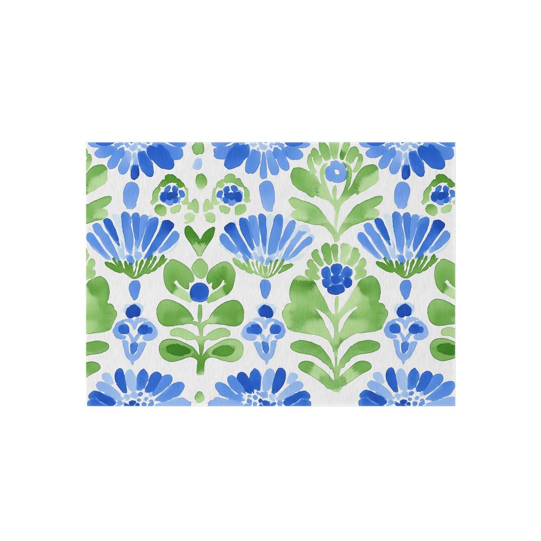 Blue Green Floral Pattern Outdoor Rug | Watercolor Botanical Mat - Etsy