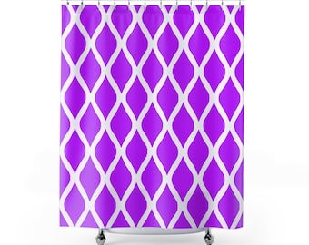 Cortina de ducha con diseño geométrico enrejado / Diseño morado y blanco