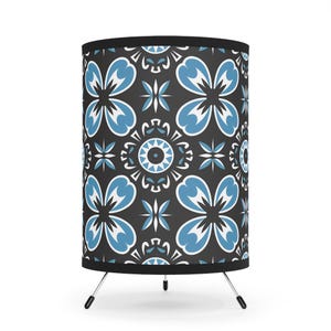 Blue Bohemian Tripod Lamp: Floral Print Shade, Modern Home Decor