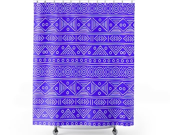 Cortina de ducha geométrica tribal morada y blanca / Decoración de baño con estampado azteca