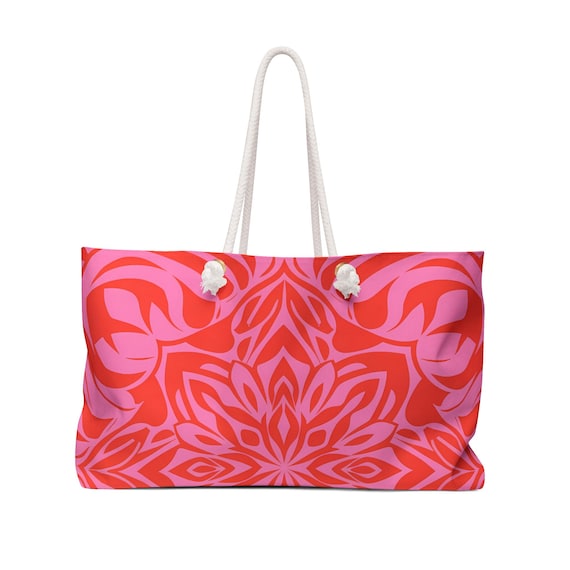 Boho Weekender Bag: Pink Orange Bohemian Travel Tote