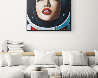 asian female astronaut framed canvas wall art, space art, space art print, astronaut in space,  wall art décor, woman decor, astronaut gift