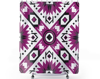 Geometric Shower Curtain: Purple & Black Bohemian Bathroom Decor
