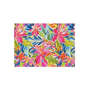 May include: A vibrant floral pattern featuring large pink and orange flowers with green and blue foliage. The design is set against a white background, creating a tropical and colorful aesthetic.