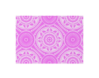 May include: A repeating pattern featuring circular and semi-circular designs in shades of pink and white. The pattern has a symmetrical layout with detailed geometric shapes, creating a visually appealing and intricate design.
