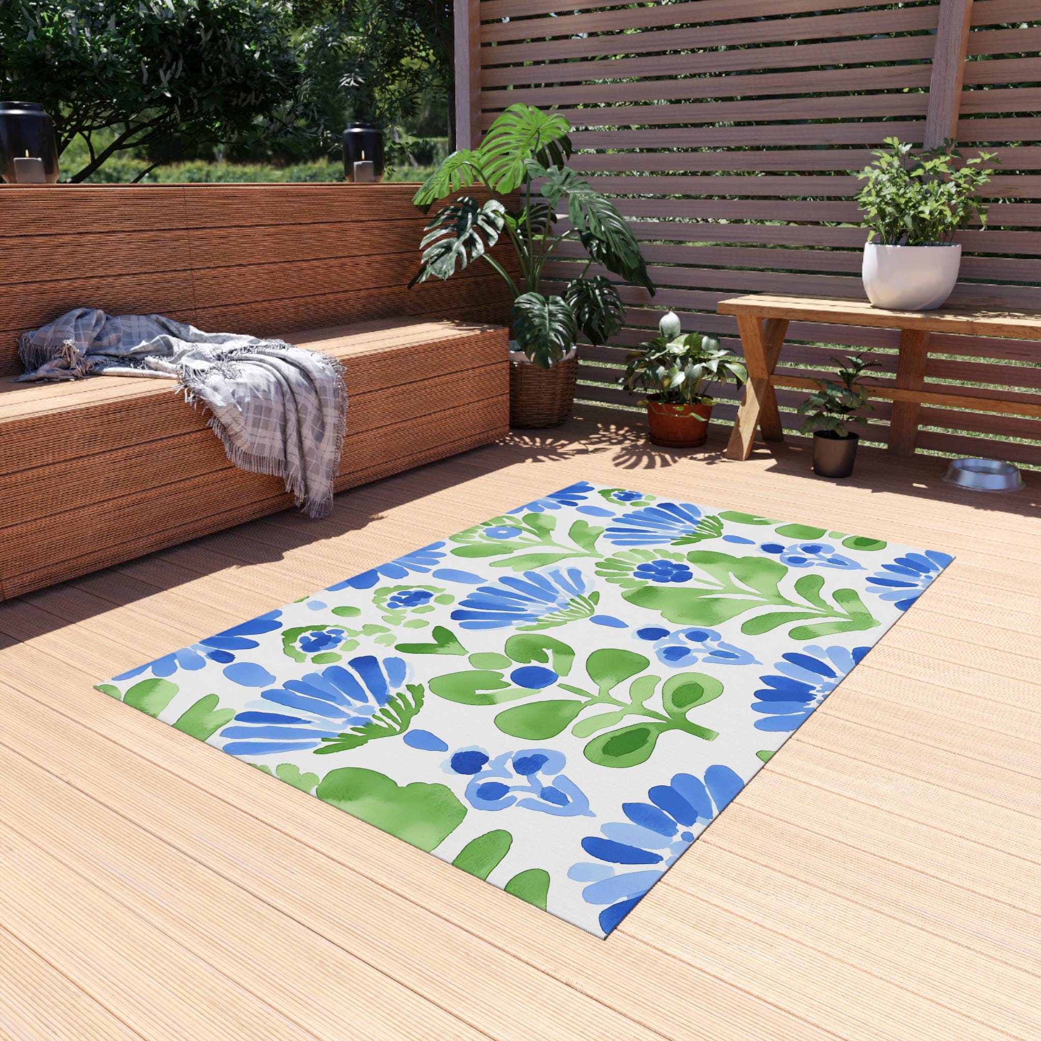 Blue Green Floral Pattern Outdoor Rug | Watercolor Botanical Mat - Etsy