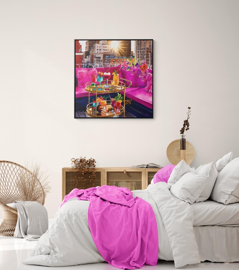 Fashionista Square Canvas Wall Art NYC Rooftop Deck, Hot Pink Couch