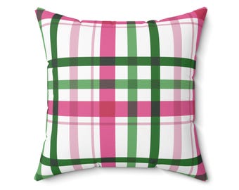 Plaid Throw Pillow: Pink, Green & White Coastal Home Decor