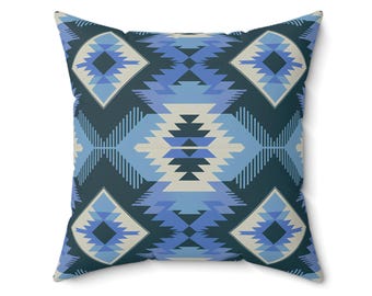 Blue Aztec Pillow: Bohemian Geometric Throw Cushion