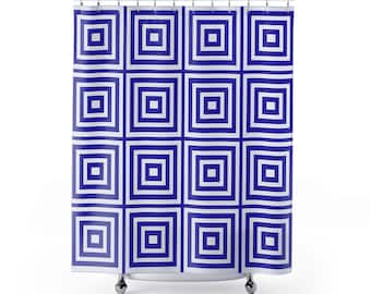 Geometrischer Duschvorhang: Modernes Blau gemustertes Badedekor