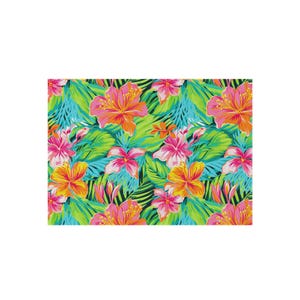 May include: A vibrant, tropical floral pattern featuring hibiscus flowers in shades of pink, orange, and yellow, set against a backdrop of lush green and blue foliage. The design is a repeating pattern, ideal for fabric or wallpaper.