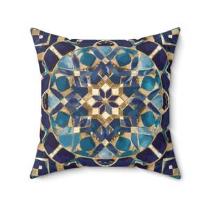 Moroccan Mosaic Square Pillow, Ethnic Boho Throw Cushion, Blue Tan Decorative Pillow, Eclectic Home Accent, Decorative Sofa Pillow