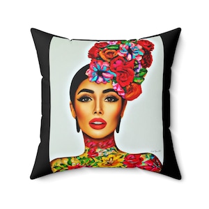 Latina Woman Tattoo Art Pillow: Floral Decorative Accent Pillow