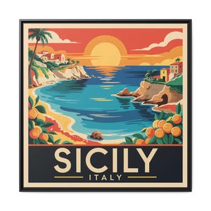 Framed Art Print: Vintage Sicilian Sunsets, Coastal Decor, Wall Art for Home, Gifts for Travel Enthusiasts, Italian Coastal Charm