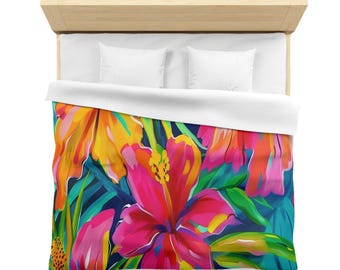 Tropical Floral Microfiber Duvet Cover: Vibrant Pink & Green Bedding
