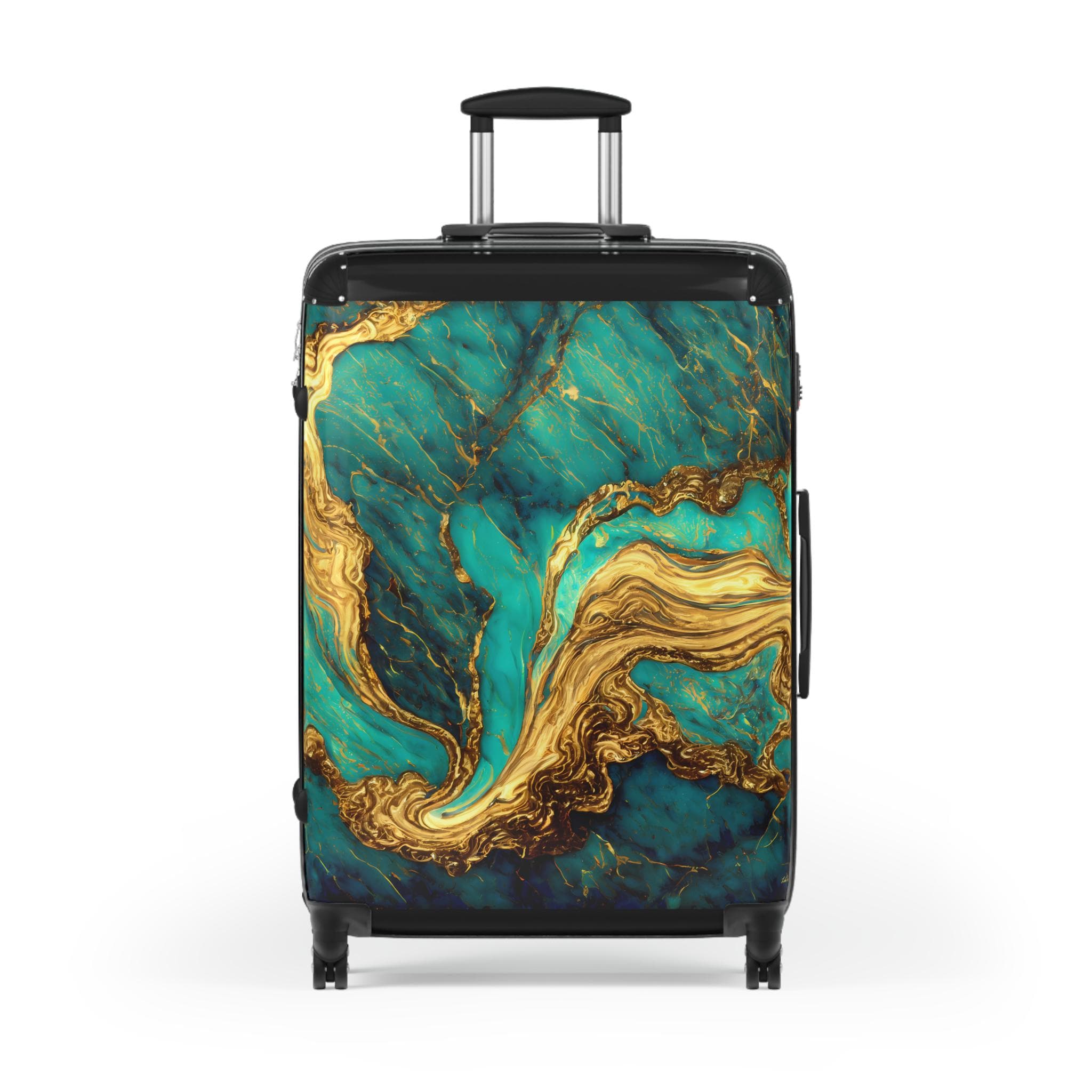 Green and Gold Marbleized Rolling Suitcase: Stylish Travel Luggage