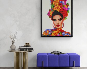 May include: A framed illustration of a woman with a colorful floral headdress. The woman is wearing large hoop earrings and has a bold red lip. The background is white.