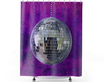Rideau de douche boule disco argentée : décoration de salle de bain violette