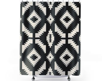 Tribal Shower Curtain: Bohemian Black and White Ethnic Pattern