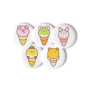 Cute Animal Shaped Ice Cream Cones Pig, Chicken, Bear, Bunny, Frog Set of Pin Buttons