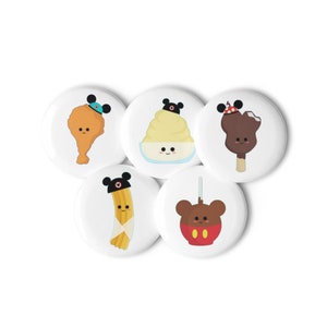 Cute Disney Parks Snacks with Mickey Ears Turkey Leg, Dole Whip, Chocolate Ice Cream, Churro, Candy AppleSet of Pin Buttons