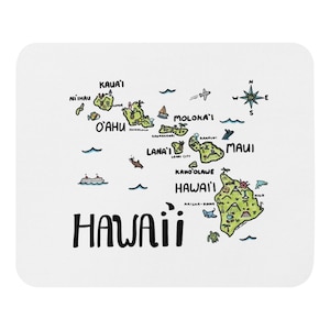 May include: A colorful illustrated map of the Hawaiian Islands with the names of each island and major cities. The text "Hawaii" is written in large, bold letters at the bottom of the map.