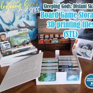 May include: White 3D printed storage organizers for the board game Sleeping Gods: Distant Skies. The organizers are designed to hold the game's cards, tokens, and other components. The game box is visible in the background.