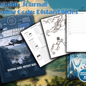 May include: A printable journal for the tabletop role-playing game "Sleeping Gods: Distant Skies". The cover features a blue book with a plane flying over a tropical island. The title "Sleeping Gods: Distant Skies" is printed on the cover. The journal includes a map, character sheets, and other useful information for players.