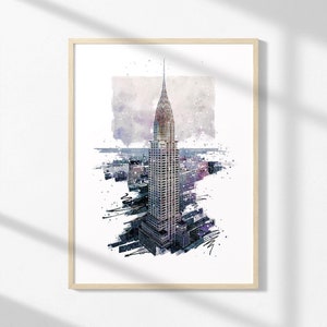 Chrysler Building Druck, Buntes New York City Aquarell Druck, Wolkenkratzer Wandkunst, Poster Download, Digitaler Kunst Druck, Digital Download