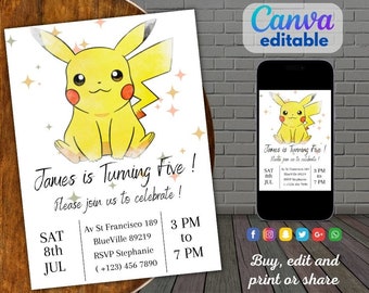 Pikachu Birthday Invitation, Baby Pikachu Editable Invitation, Pikachu Watercolor Invitation, Pikachu Template Canvas Invitation