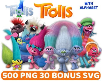 May include: A set of 500 PNG and 30 SVG digital images featuring characters from the animated movie Trolls. The images include a variety of Trolls characters, including Poppy, Branch, and DJ Suki. The images are perfect for creating crafts, scrapbooking, and other creative projects.