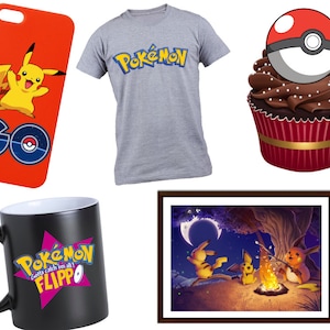 May include: A set of Pokemon themed merchandise including a phone case with Pikachu and the words "GO" in a circle, a grey t-shirt with the word "Pokemon" in a stylized font, a black mug with the words "Pokemon Gotta catch 'em all! Flippo" in a pink and purple star, a cupcake with a chocolate frosting and a Pokeball on top, and a framed picture of three Pokemon characters sitting around a campfire under a crescent moon.