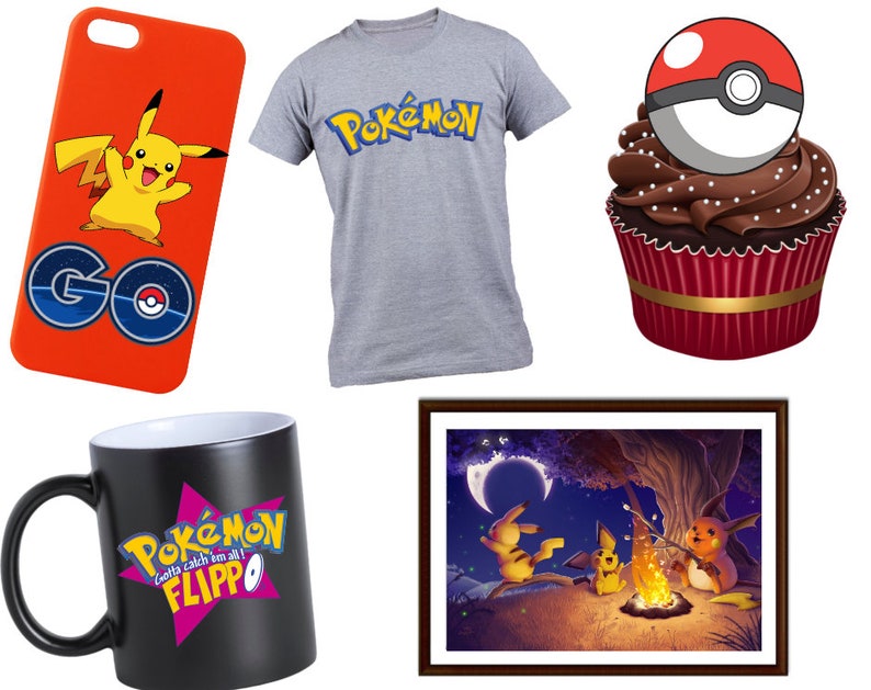 May include: A set of Pokemon themed merchandise including a phone case with Pikachu and the words "GO" in a circle, a grey t-shirt with the word "Pokemon" in a stylized font, a black mug with the words "Pokemon Gotta catch 'em all! Flippo" in a pink and purple star, a cupcake with a chocolate frosting and a Pokeball on top, and a framed picture of three Pokemon characters sitting around a campfire under a crescent moon.