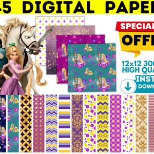 May include: 245 digital papers featuring a princess and a horse with a variety of patterns including stars, stripes, polka dots, and floral designs. The text "SPECIAL OFFER" and "12x12 300 DPI HIGH QUALITY INSTANT DOWNLOAD" is also included.