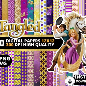 May include: A set of 260 digital papers featuring a purple, yellow, and gold color scheme with a variety of patterns. The papers are 12x12 inches and 300 DPI. The image also includes characters from the movie Tangled, including Rapunzel and Flynn Rider.