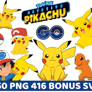 May include: A set of 350 PNG and 416 SVG digital images featuring the Pokemon Detective Pikachu Go logo and various yellow Pikachu characters. The images are ideal for crafting, scrapbooking, and other creative projects.