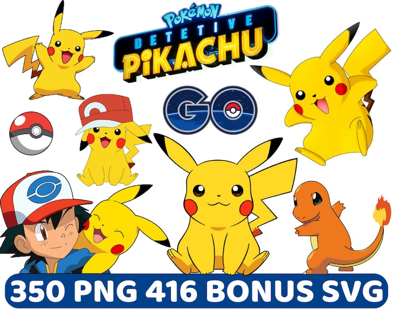May include: A set of 350 PNG and 416 SVG digital images featuring the Pokemon Detective Pikachu Go logo and various yellow Pikachu characters. The images are ideal for crafting, scrapbooking, and other creative projects.