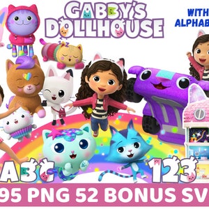 Gabby's Dollhouse CM31 Cake Topper Birthday Party Supplies - Bundle with 4 Gabby  Dollhouse Cake Toppers, Stickers, Door Hanger