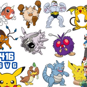 May include: A collection of 10 colourful cartoon Pokemon characters, including Pikachu, Bulbasaur, and Charmander. The characters are all in different poses and expressions. The image also includes the text "416 SVG".