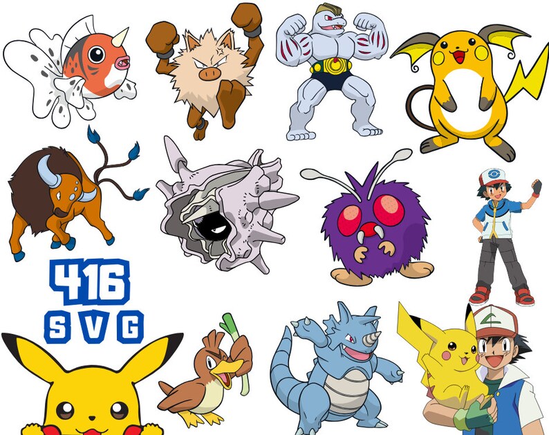May include: A collection of 10 colourful cartoon Pokemon characters, including Pikachu, Bulbasaur, and Charmander. The characters are all in different poses and expressions. The image also includes the text "416 SVG".