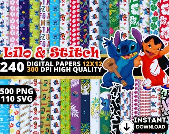 Könnte beinhalten: Ein digitales Papierpaket mit verschiedenen hawaiianischen Mustern mit den Figuren von Lilo & Stitch. Das Paket enthält 240 digitale Papiere, 500 PNG-Dateien und 110 SVG-Dateien. Die Papiere sind 12x12 Zoll groß und haben eine Auflösung von 300 DPI.